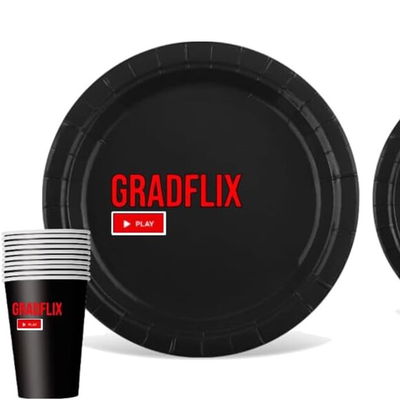 Gradflix Party Paper Supply Set, Black Paper Plates, Napkins and Cups, Movie - Picture 1 of 4